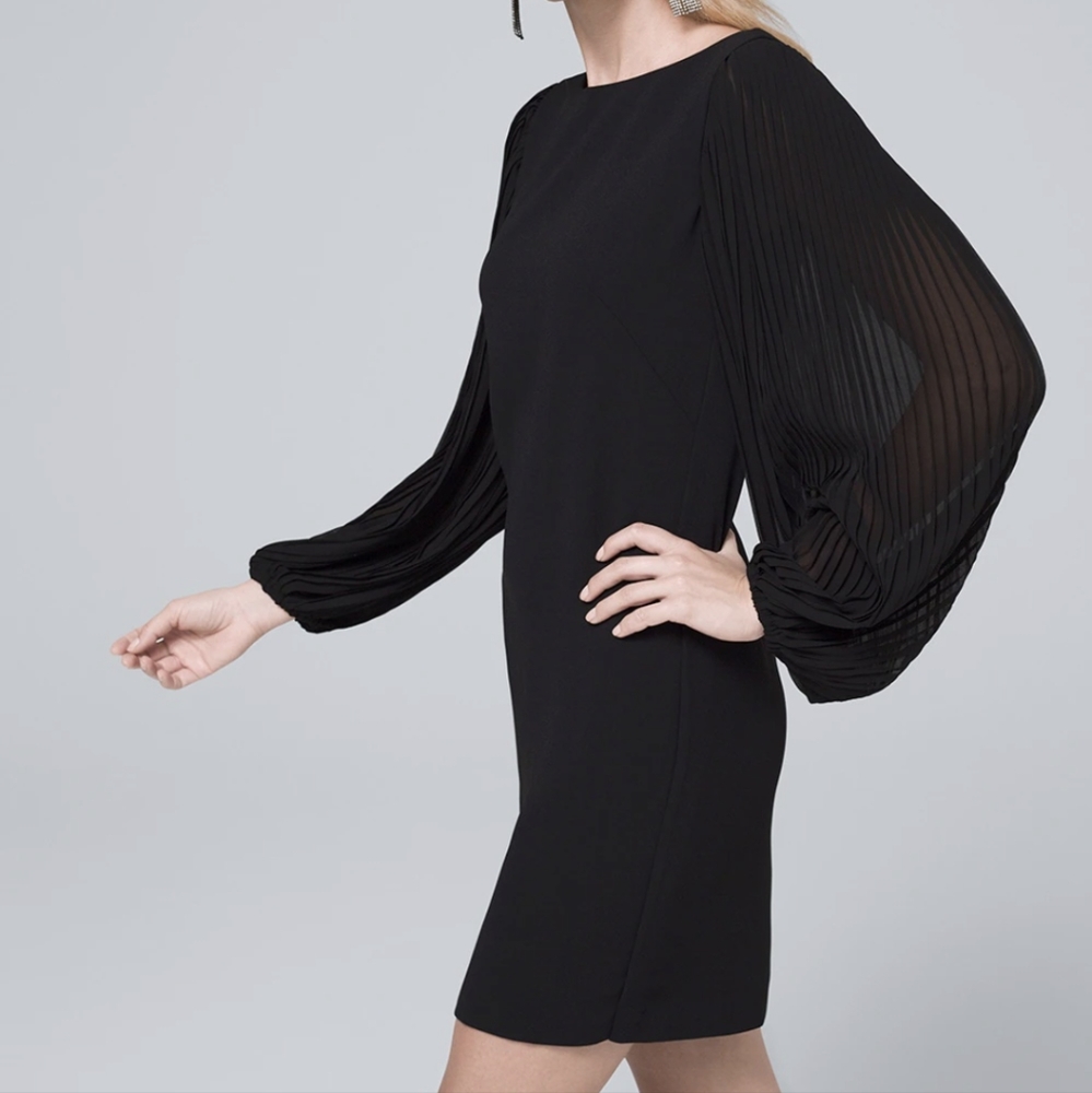 White House Black Market Chiffon Sleeve Black Shift Dress 4 - Picture 3 of 9